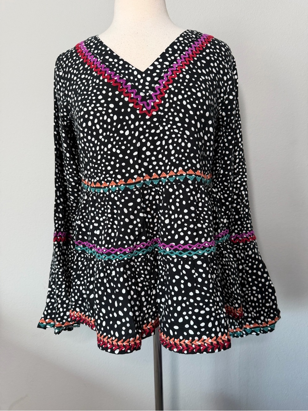 Savanna Jane Black White Polka Dot V-Neck Peplum Top with Pink Teal Coral Trim